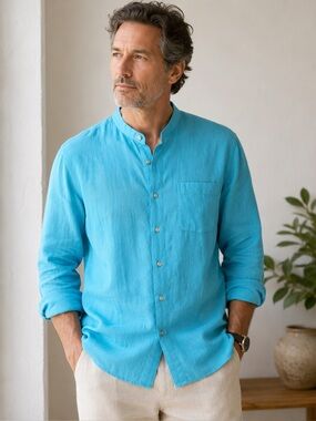 Paul Fredrick Lightweight Mandarin-Collar 100% linen Shirt Turquoise Blue XL